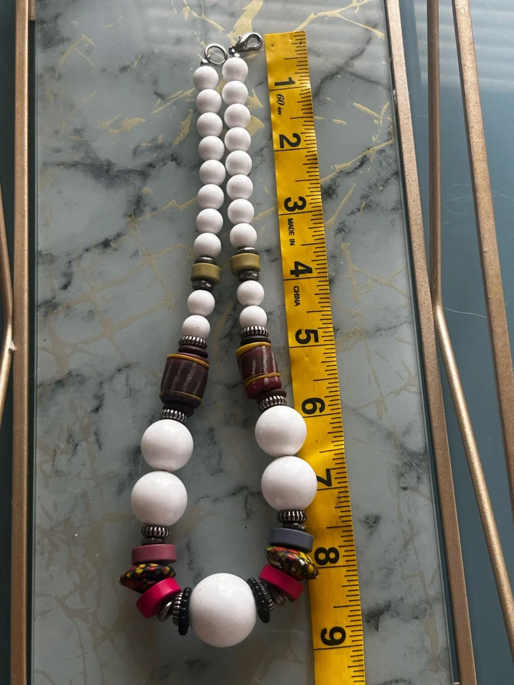 Vintage Statement Beaded Necklace White Beads Artisan Boho Chunky 19” Multicolor